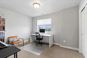Carpeted home office featuring baseboards, visible vents, and a textured ceiling