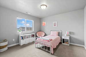 Bedroom with a textured ceiling, visible vents, carpet flooring, and baseboards