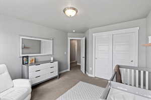 Bedroom with baseboards, carpet, and a closet