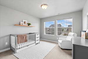 Bedroom featuring a textured ceiling, a crib, baseboards, carpet flooring, and visible vents