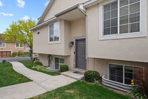 Entrance to property featuring a yard and stucco siding