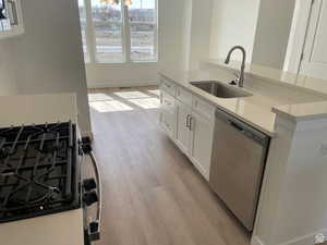 Kitchen with stainless steel dishwasher, light wood-style flooring, a sink, white cabinetry, and gas stove