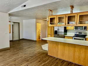 Kitchen with light countertops, dark wood-style floors, a textured ceiling, and appliances with stainless steel finishes