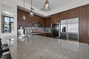 Kitchen featuring under cabinet range hood, a sink, dark stone counters, and appliances with stainless steel finishes