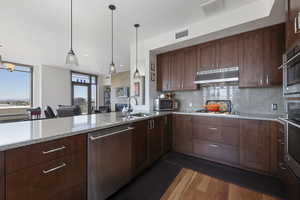 Kitchen with a sink, tasteful backsplash, under cabinet range hood, and appliances with stainless steel finishes