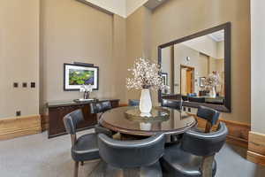 Carpeted Social Room featuring a high ceiling