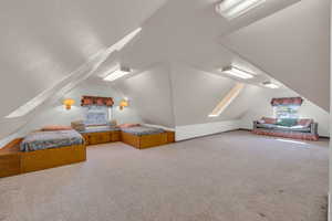 Bonus room with carpet and lofted ceiling with skylight