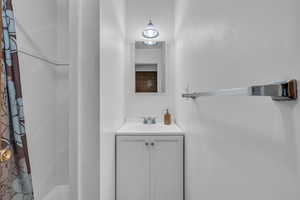 Bathroom with vanity and a shower with shower curtain