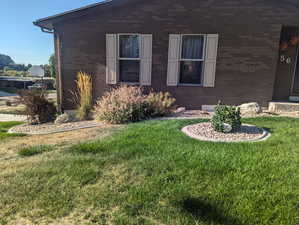Exterior with bushes and plants in full bloom.