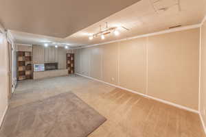 Large basement family room, pleanty of room to entertain, a fireplace, and rail lighting