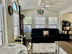 Living room with vaulted ceiling, wood finished floors, a textured ceiling, and a ceiling fan