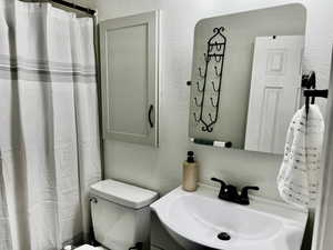 Bathroom featuring a textured wall, toilet, vanity, and a shower with curtain