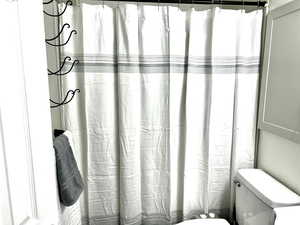 Full bath featuring a shower with shower curtain and toilet