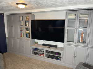 Carpeted living room featuring a textured ceiling