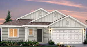 Rendering of front of home featuring an attached garage, driveway, and board and batten siding