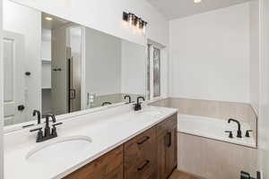 Bathroom featuring a shower stall, double vanity, a garden tub, and a sink