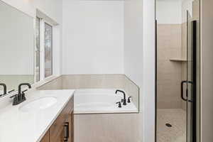 Bathroom with a shower stall, a bath, and vanity
