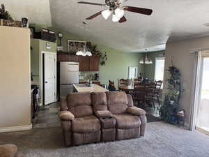 Living area with baseboards, dark colored carpet, a textured ceiling, and ceiling fan with notable chandelier