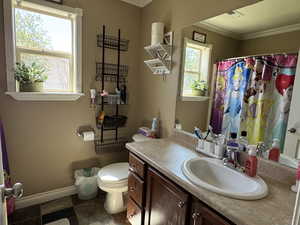 Full bath featuring vanity, toilet, baseboards, and ornamental molding