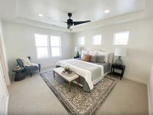 Bedroom featuring a tray ceiling, carpet floors, and baseboards