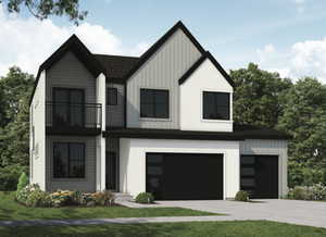 Modern farmhouse style home with a garage, a balcony, a front yard, and board and batten siding