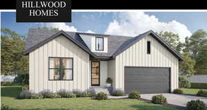 Modern farmhouse style home featuring board and batten siding, driveway, roof with shingles, a front yard, and a garage