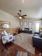 Living area featuring lofted ceiling, a ceiling fan, wood finished floors, and a textured ceiling