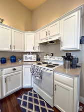 Kitchen featuring under cabinet range hood, light countertops, white appliances, and white cabinetry