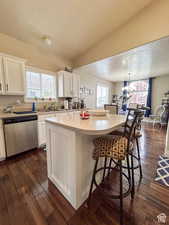 Kitchen with dishwasher, white cabinets, and dark wood finished floors
