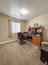 Home office with carpet floors and a textured ceiling