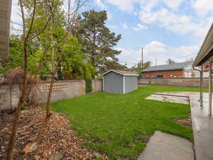 View of yard with a fenced backyard, an outdoor structure, a patio, and a storage unit