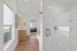 Owner's Ensuite bathroom with a shower stall, wood finished floors, a freestanding tub, vanity, and ensuite bath