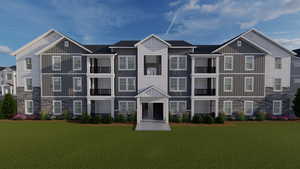 View of front of home featuring stone siding, a front yard, and board and batten siding