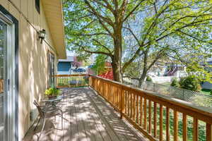 Wooden deck with a fenced backyard