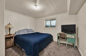 Carpeted bedroom with baseboards, crown molding, and visible vents