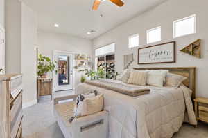 Bedroom with light carpet, baseboards, recessed lighting, access to outside, and ceiling fan