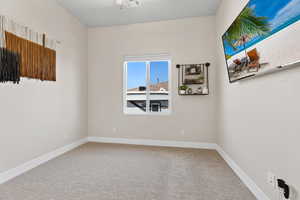 Empty room with visible vents, baseboards, and carpet flooring