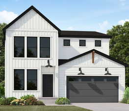 Modern inspired farmhouse featuring board and batten siding, driveway, and a garage