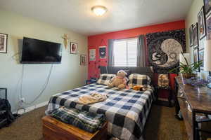 Bedroom featuring a textured ceiling and carpet