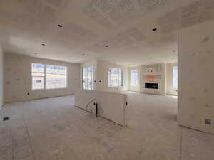 Kitchen, cafe and gathering room with fireplace