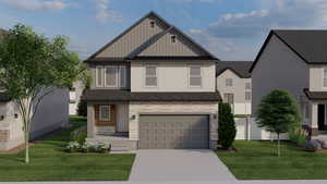 View of front of property featuring a garage, driveway, stone siding, board and batten siding, and a front yard