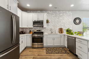 Kitchen featuring stainless steel appliances, light countertops, a sink, decorative backsplash, and white cabinetry
