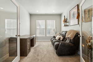 Office space with recessed lighting, light colored carpet, and glass french doors