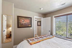 Bedroom featuring baseboards, visible vents, and a textured ceiling