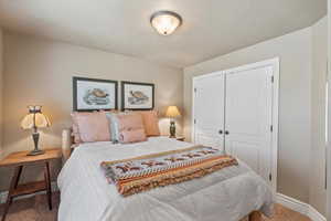 Bedroom featuring carpet floors, a closet, and baseboards