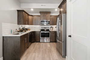 Kitchen with stainless steel appliances, backsplash, visible vents, a sink, and light wood-style floors