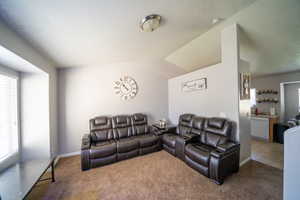 Living area with a wealth of natural light, carpet flooring, and baseboards