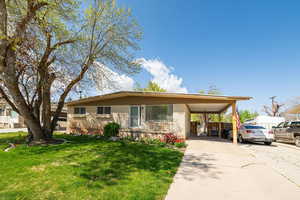 View of front of property featuring brick siding, a front lawn, driveway, and an attached carport