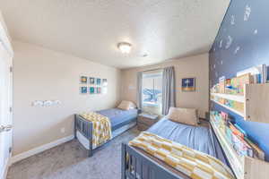 Bedroom featuring visible vents, a textured ceiling, baseboards, and carpet floors