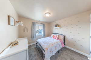 Bedroom with carpet, visible vents, baseboards, and a textured ceiling